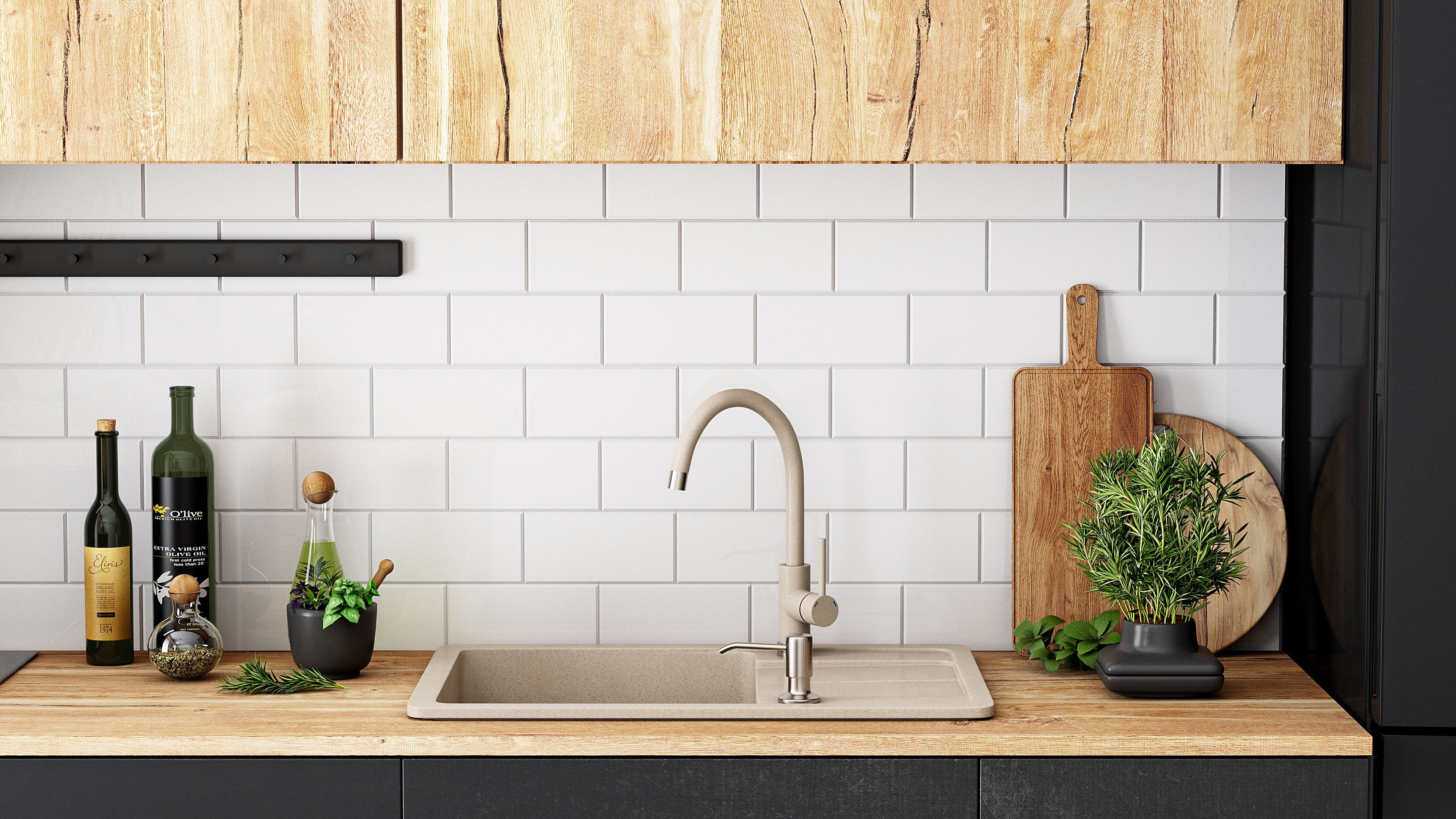 Set chiuvetă bucătărie granit Nils bej, baterie, dozator detergent, sifon și scurgere