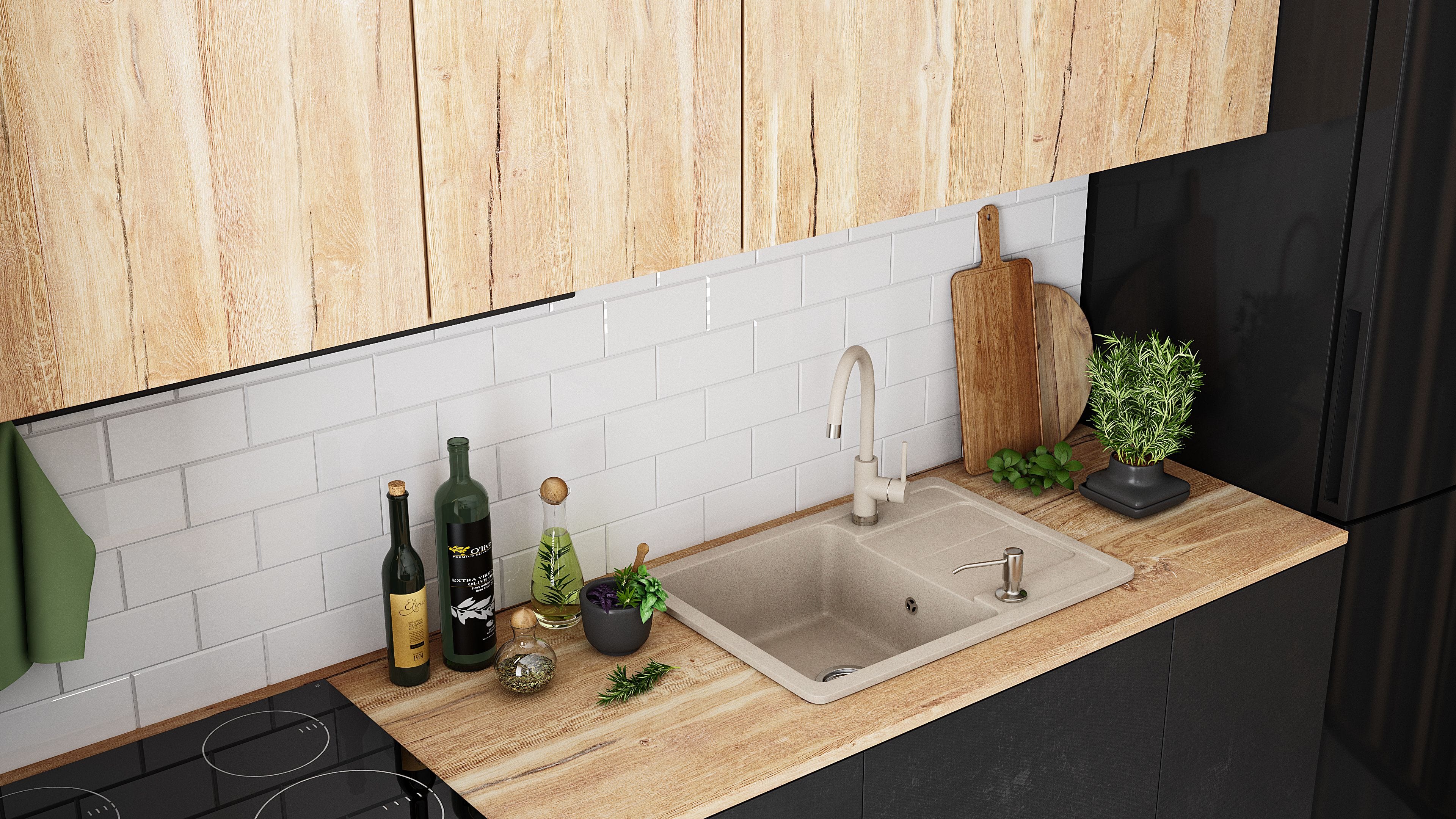 Set chiuvetă bucătărie granit Nils bej, baterie, dozator detergent, sifon și scurgere