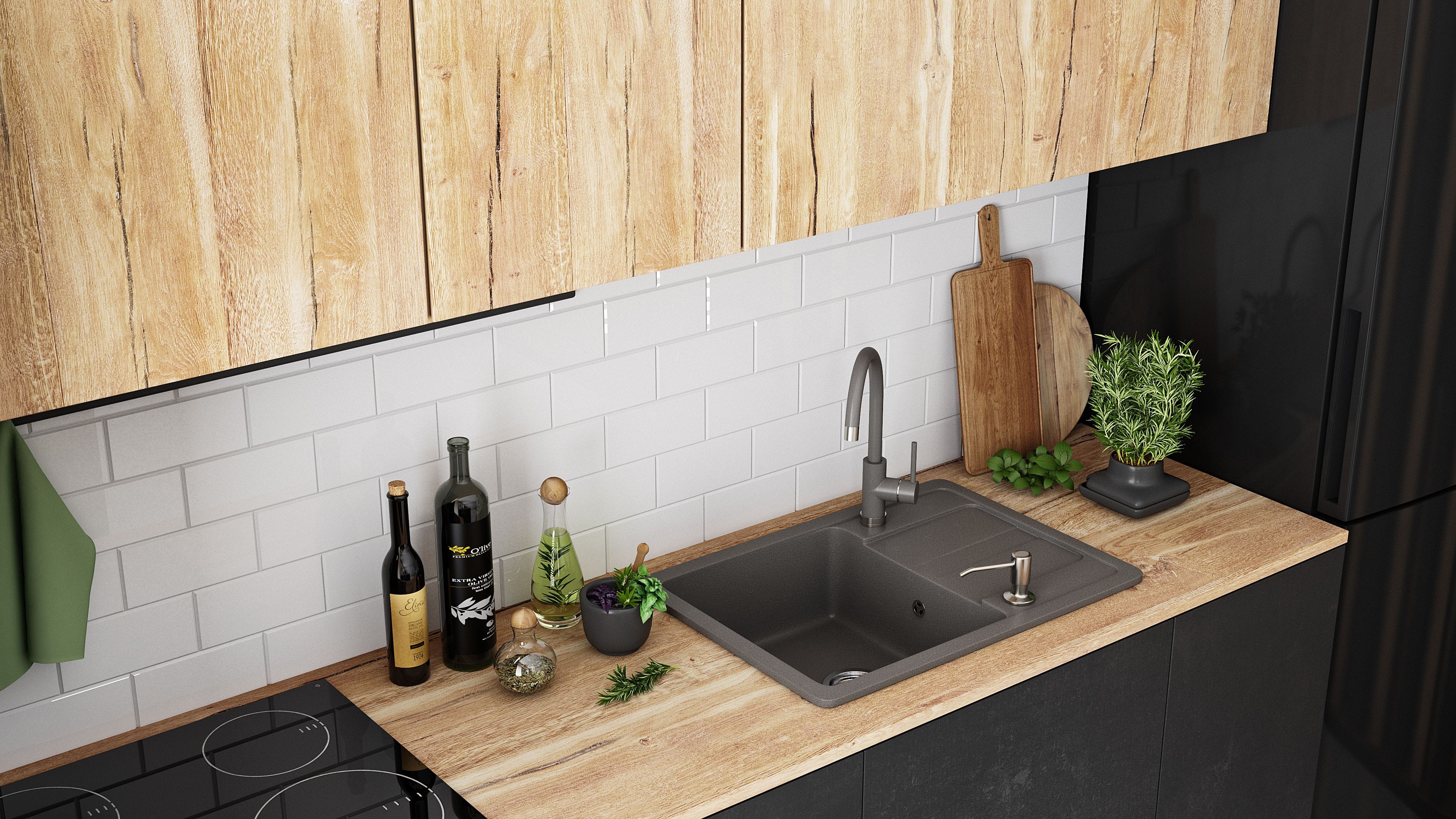 Set chiuvetă bucătărie granit Nils gri, baterie, dozator detergent, sifon și scurgere, 310x620x160 mm