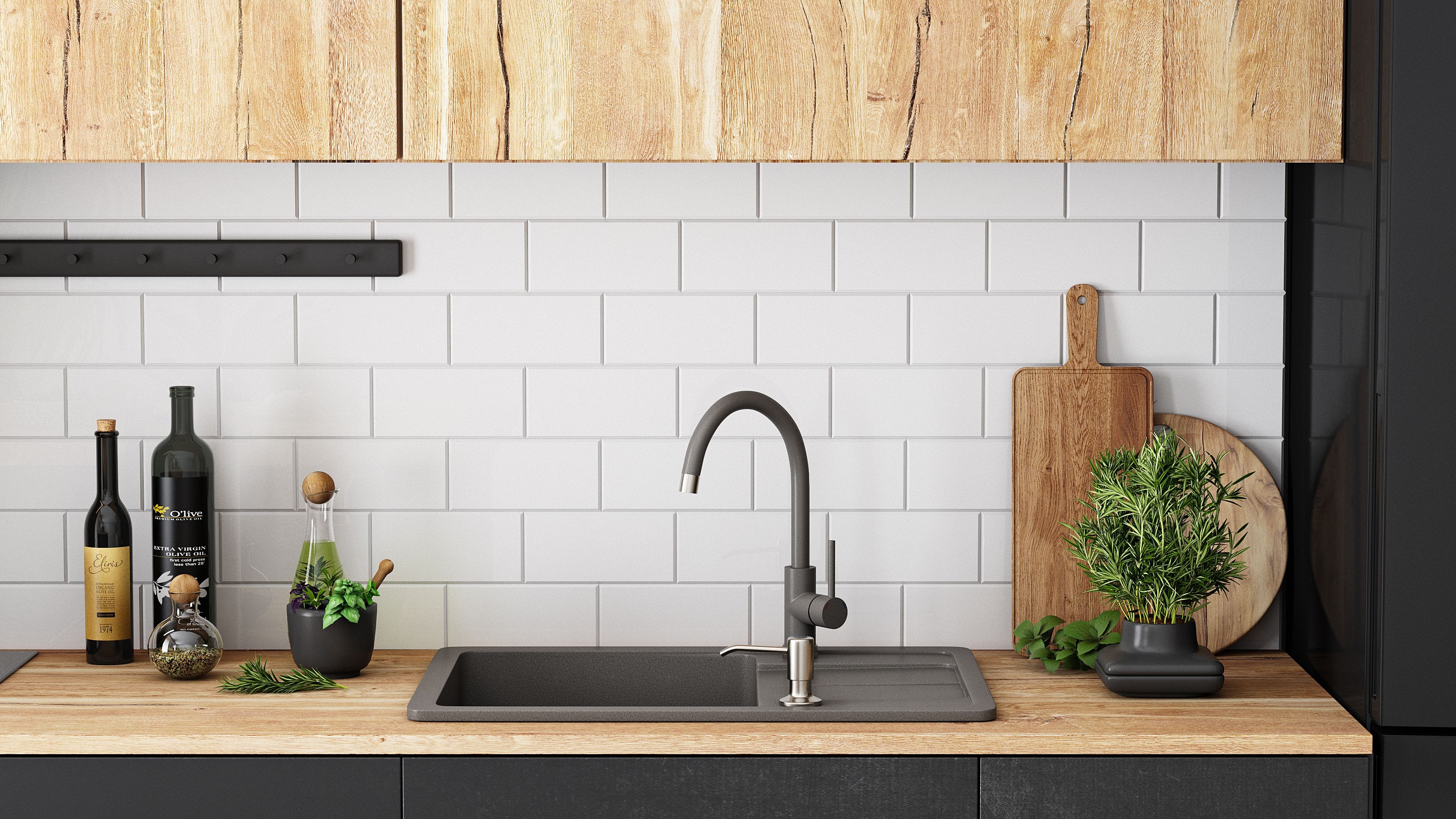 Set chiuvetă bucătărie granit Nils gri, baterie, dozator detergent, sifon și scurgere, 310x620x160 mm