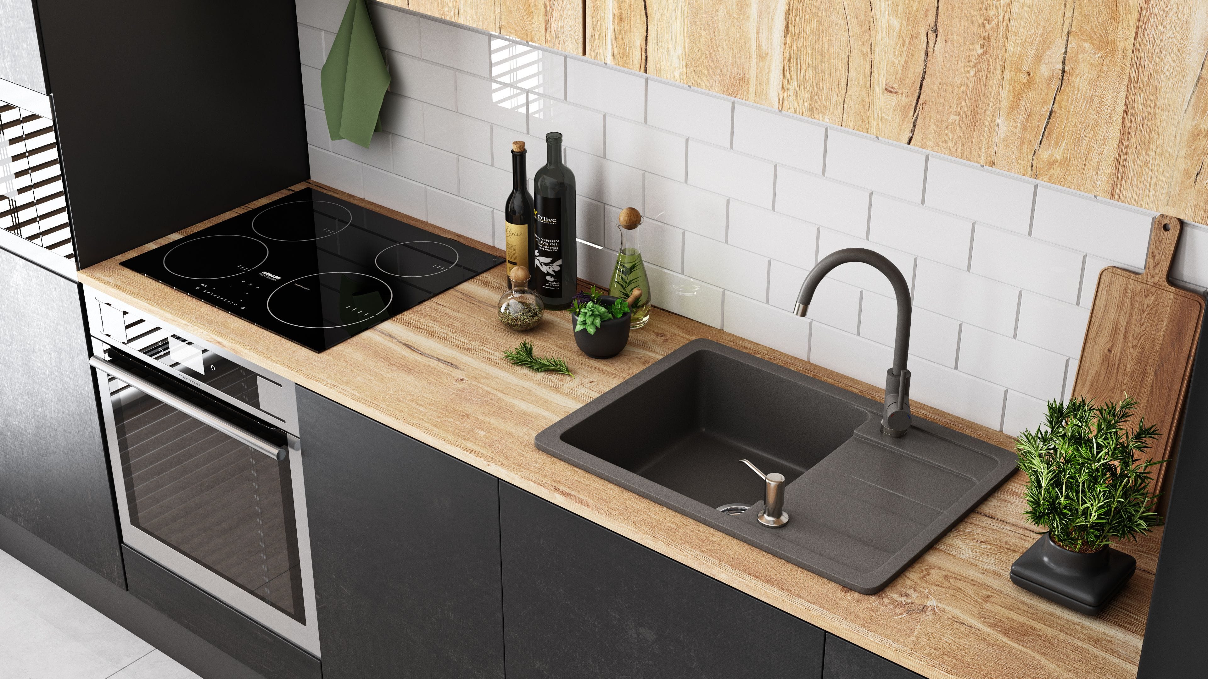 Set chiuvetă bucătărie granit Nils gri, baterie, dozator detergent, sifon și scurgere, 310x620x160 mm