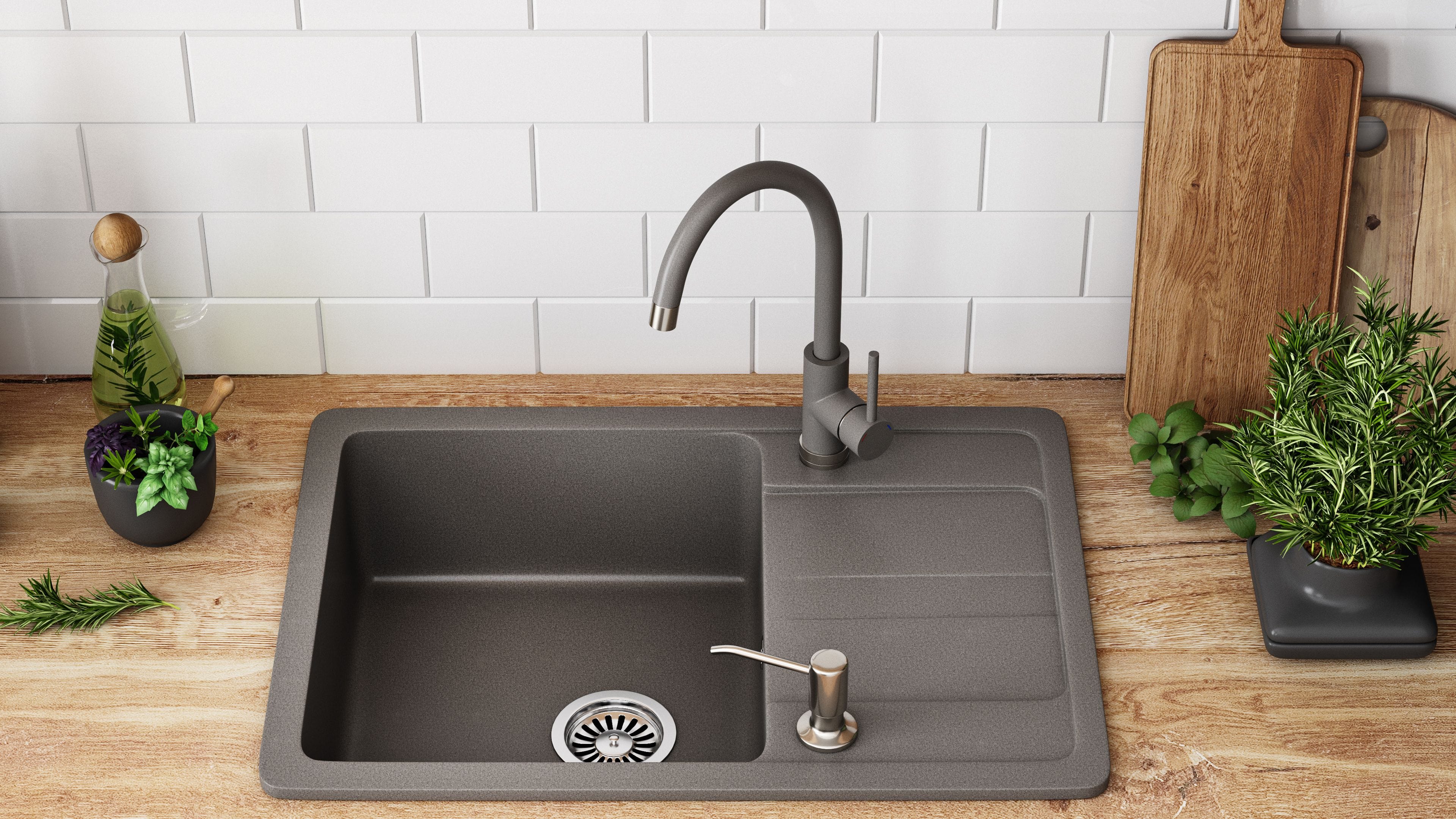 Set chiuvetă bucătărie granit Nils gri, baterie, dozator detergent, sifon și scurgere, 310x620x160 mm