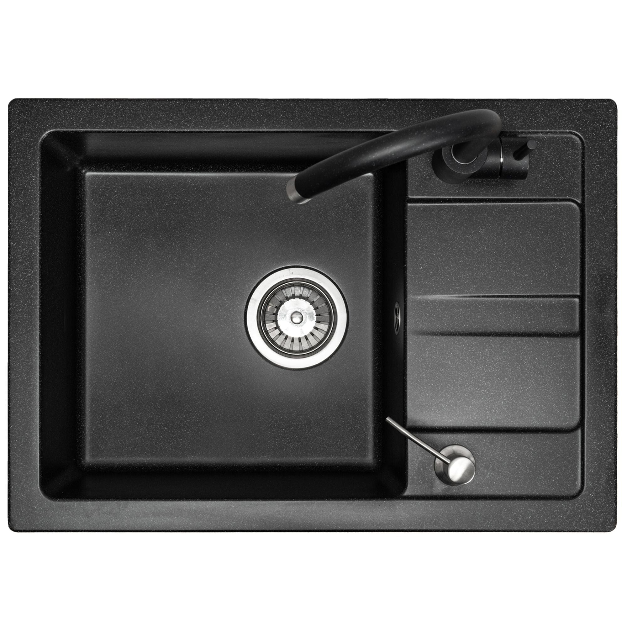 Set chiuvetă bucătărie granit Nils neagră, baterie, dozator detergent, sifon și scurgere, 310x620x160 mm