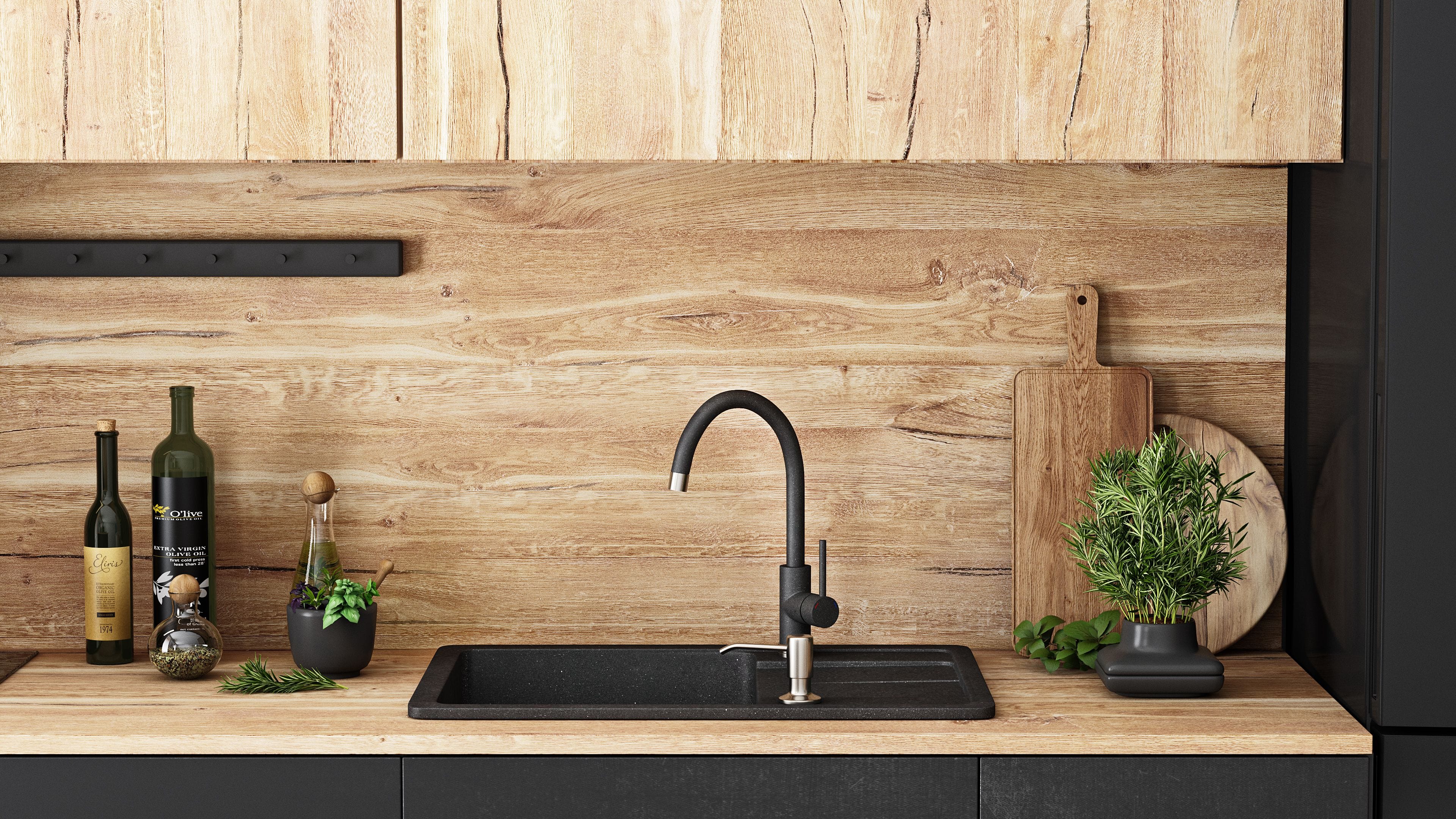 Set chiuvetă bucătărie granit Nils neagră, baterie, dozator detergent, sifon și scurgere, 310x620x160 mm