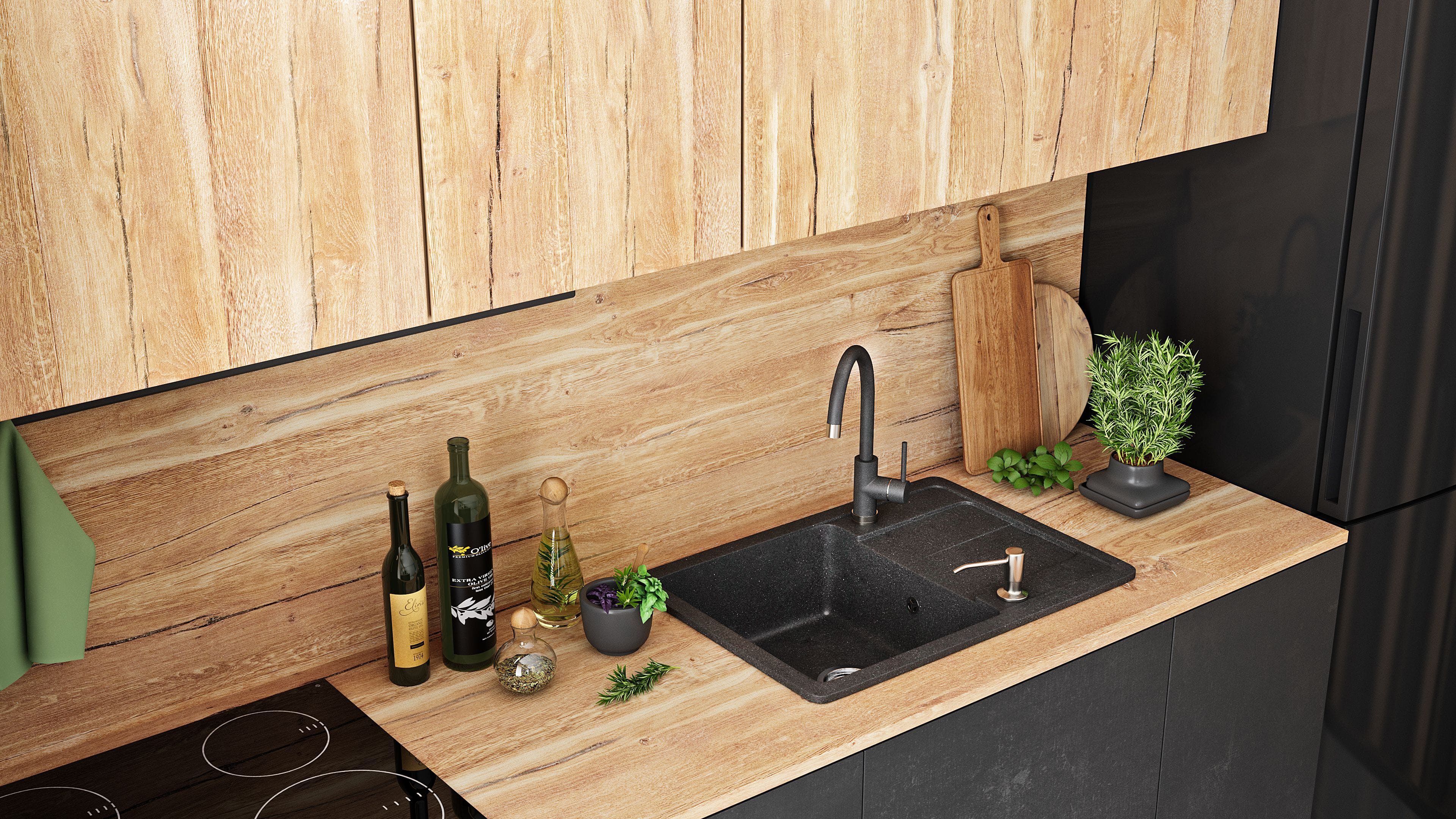 Set chiuvetă bucătărie granit Nils neagră, baterie, dozator detergent, sifon și scurgere, 310x620x160 mm