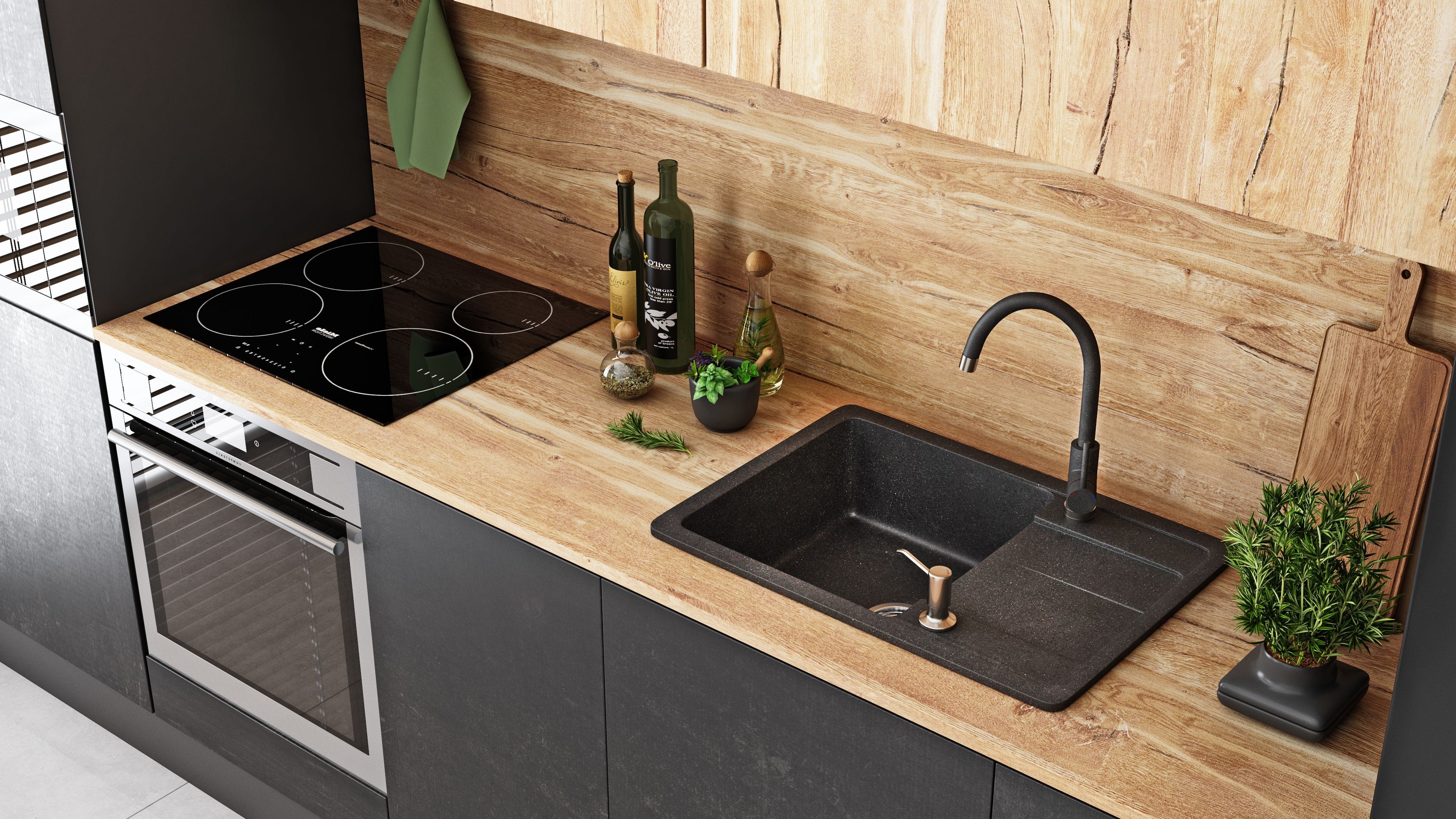 Set chiuvetă bucătărie granit Nils neagră, baterie, dozator detergent, sifon și scurgere, 310x620x160 mm