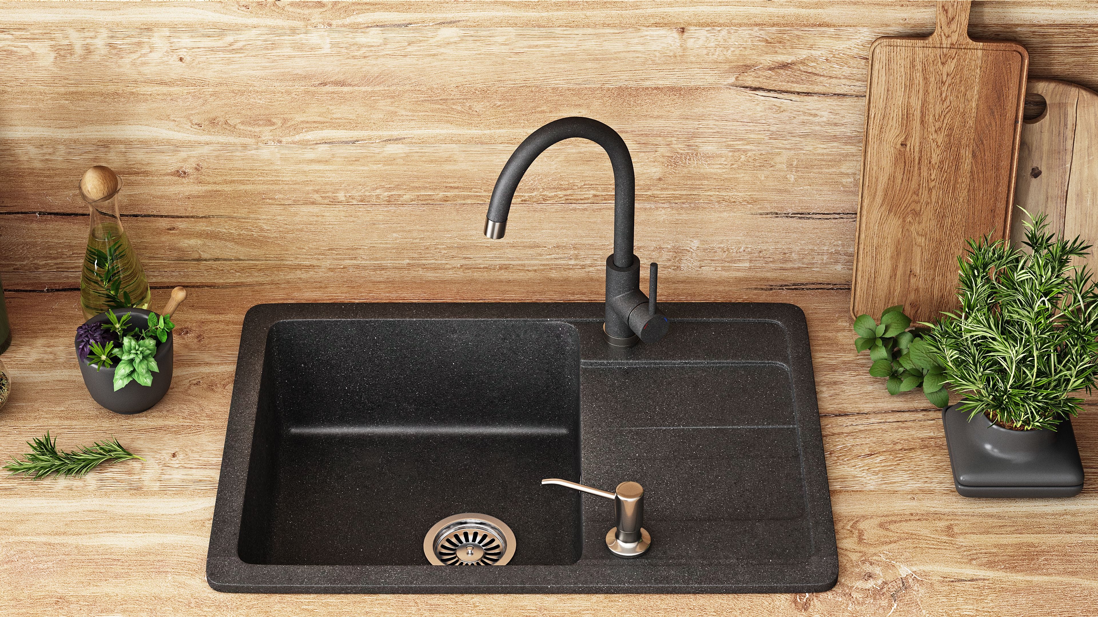 Set chiuvetă bucătărie granit Nils neagră, baterie, dozator detergent, sifon și scurgere, 310x620x160 mm