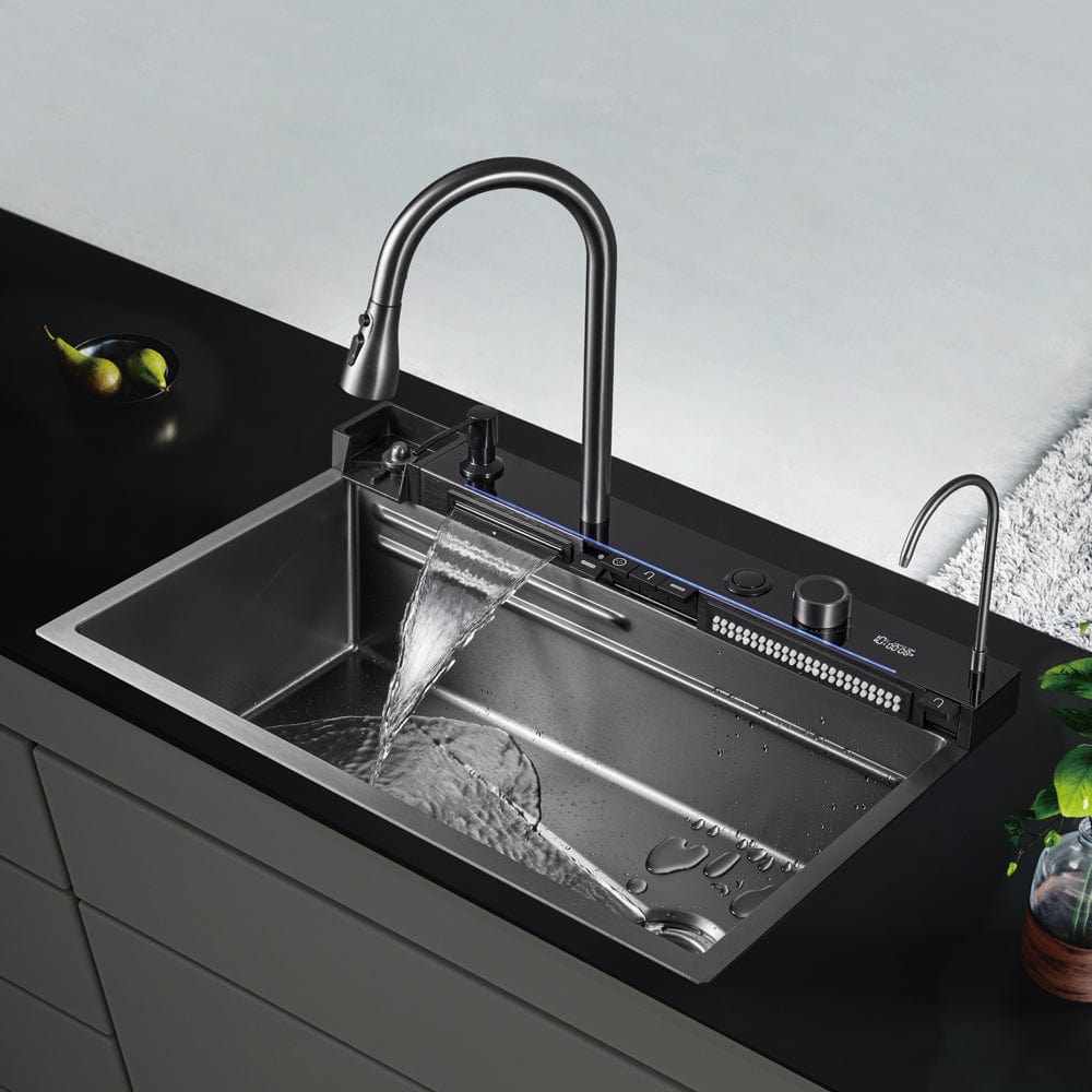 Set chiuvetă bucătărie, multifuncțională, baterie cu duș de pulverizare extractibil, 3 funcții de curgere, display digital, 2 cascade și baterie pentru apă purificată + accesorii incluse, COD 1004