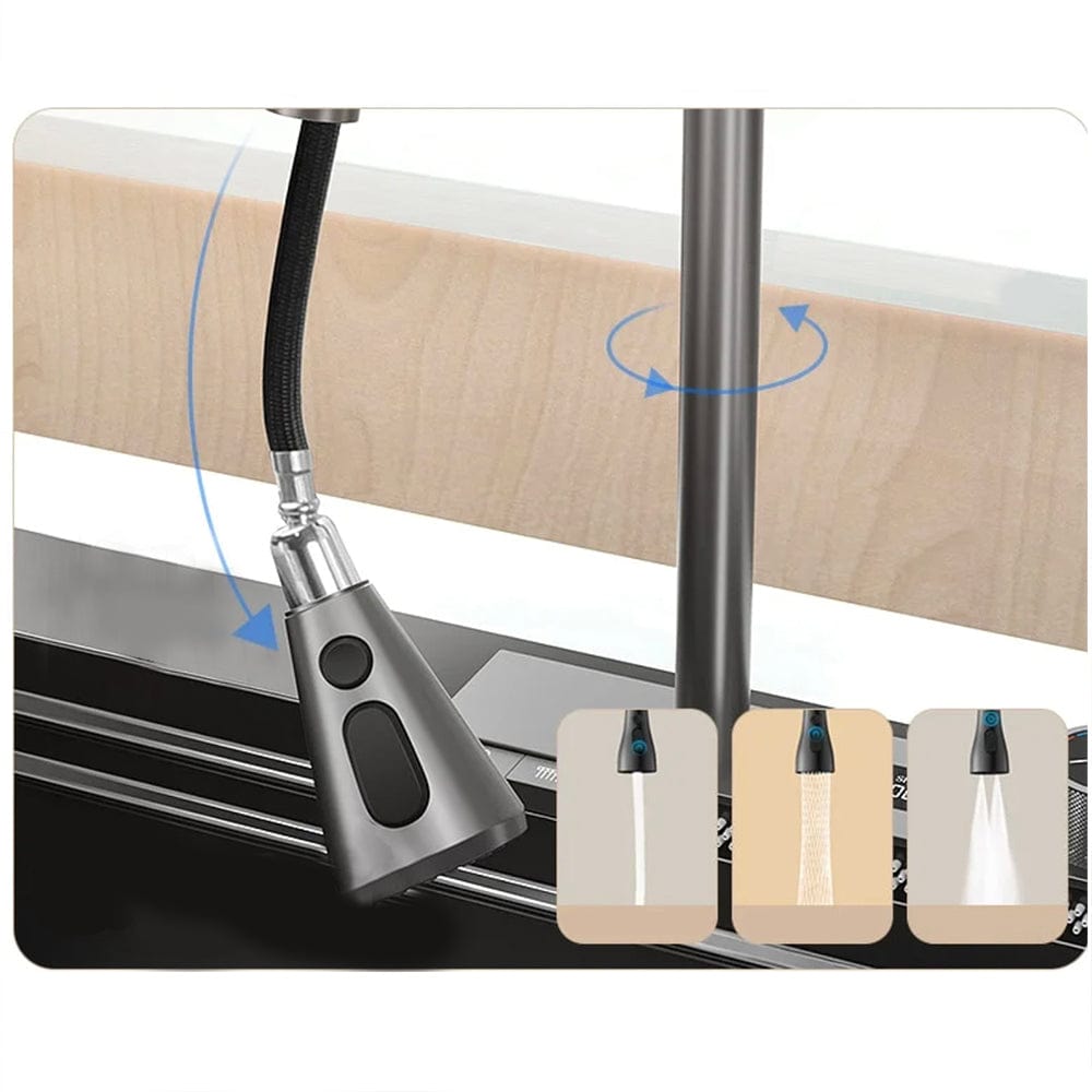 Set chiuvetă bucătărie, multifuncțională, baterie cu duș de pulverizare extractibil, 3 funcții de curgere, display digital, 2 cascade și baterie pentru apă purificată + accesorii incluse, COD 1004