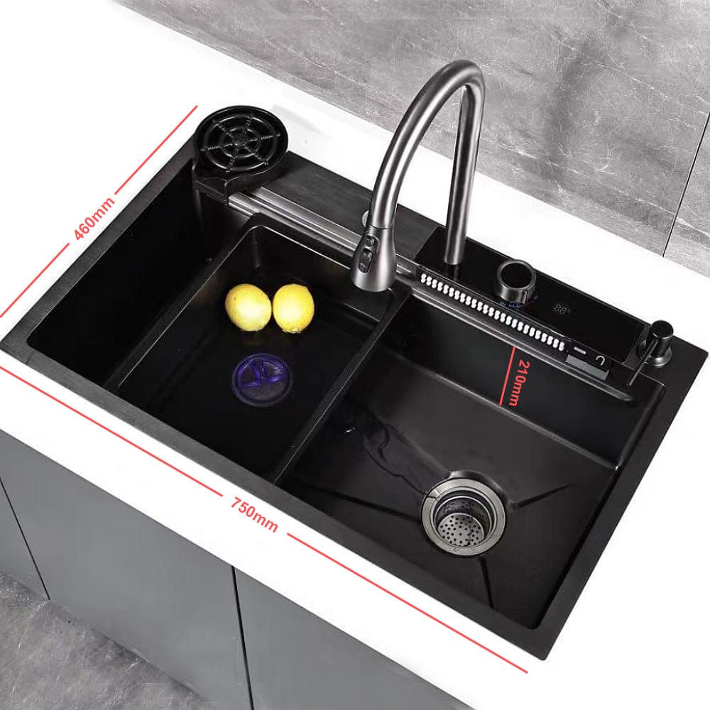 Set chiuvetă bucătărie, multifuncțională, baterie cu duș de pulverizare extractibil, 3 funcții de curgere, display digital + accesorii incluse, COD 1002