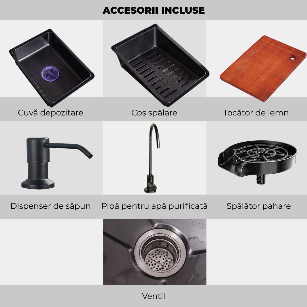 Set chiuvetă bucătărie, multifuncțională, baterie cu duș de pulverizare extractibil, 3 funcții de curgere, display digital și baterie specială pentru apă purificată + accesorii incluse, COD 1001