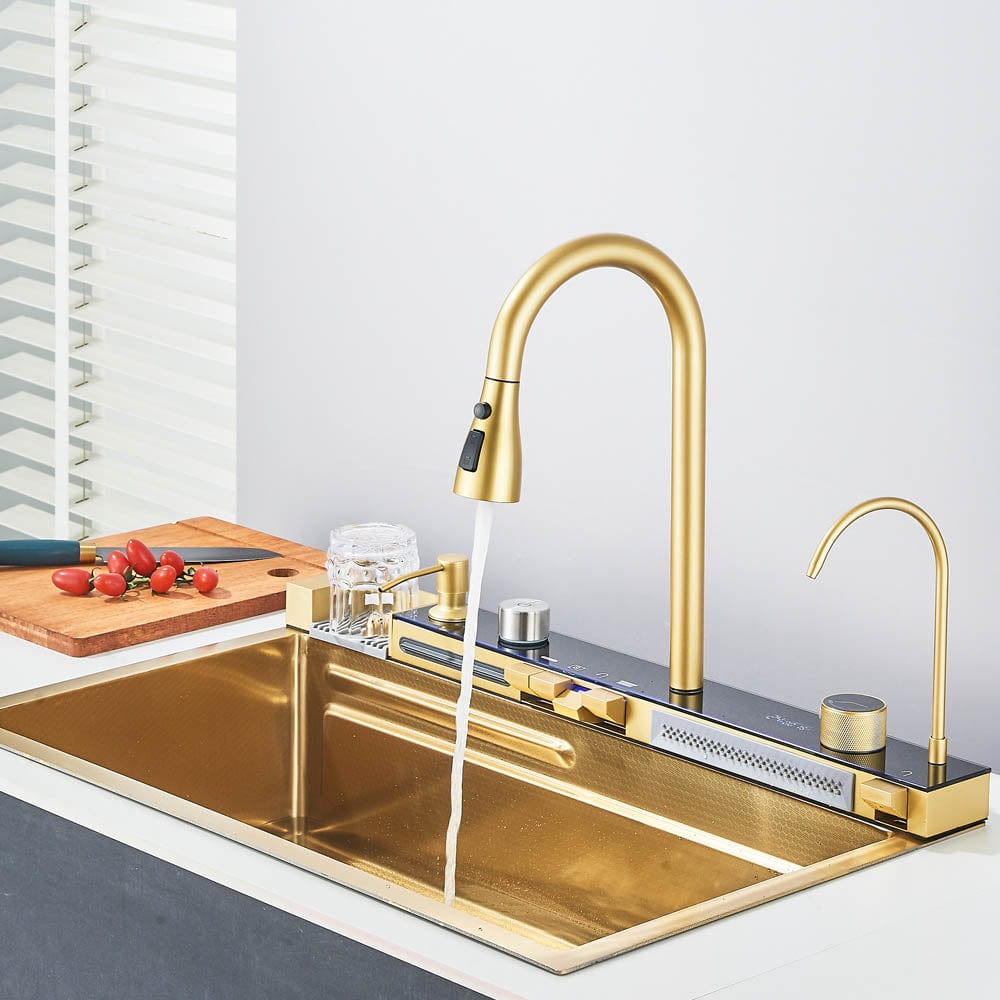 Set chiuvetă de bucătărie multifuncțională, baterie cu duș extractibil si baterie speciala pentru apă purificată + accesorii incluse, cod 1112