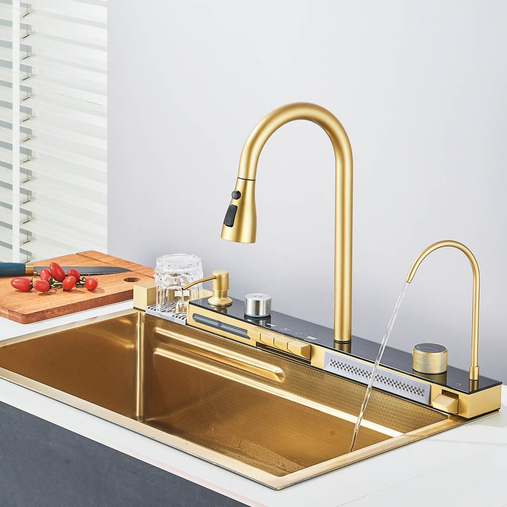 Set chiuvetă de bucătărie multifuncțională, baterie cu duș extractibil si baterie speciala pentru apă purificată + accesorii incluse, cod 1112