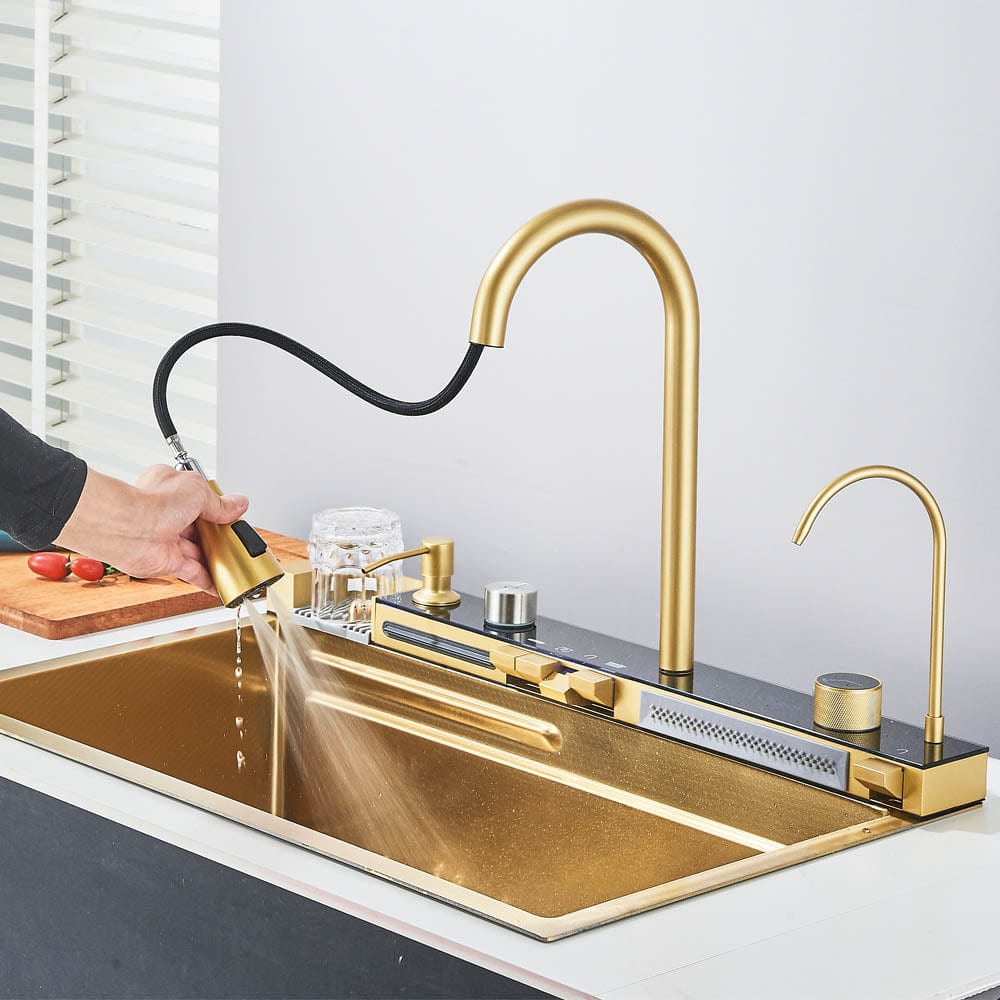 Set chiuvetă de bucătărie multifuncțională, baterie cu duș extractibil si baterie speciala pentru apă purificată + accesorii incluse, cod 1112