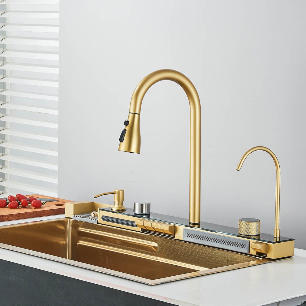 Set chiuvetă de bucătărie multifuncțională, baterie cu duș extractibil si baterie speciala pentru apă purificată + accesorii incluse, cod 1112