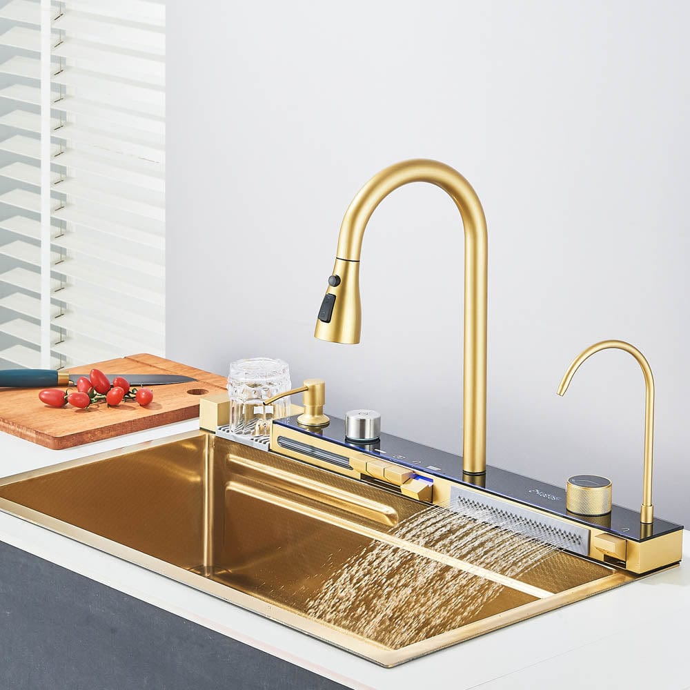 Set chiuvetă de bucătărie multifuncțională, baterie cu duș extractibil si baterie speciala pentru apă purificată + accesorii incluse, cod 1112