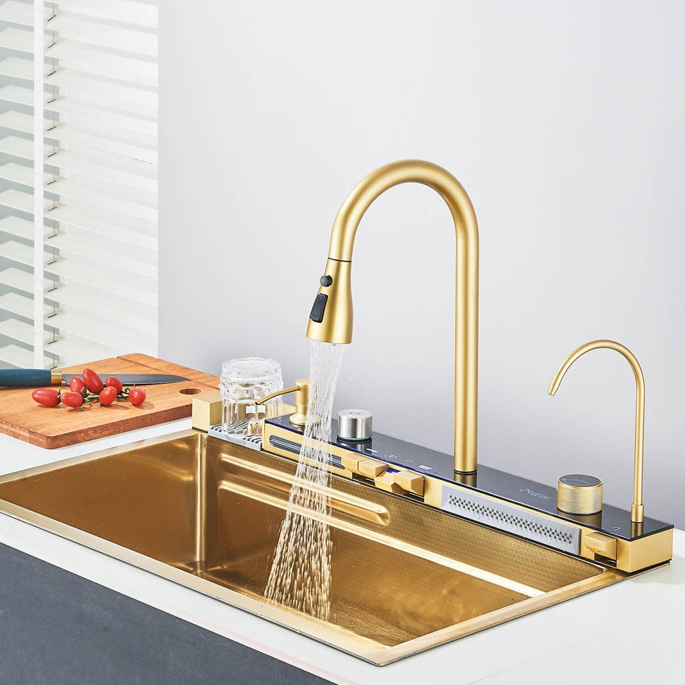 Set chiuveta de bucatarie multifunctionala, baterie cu dus extractibila si baterie speciala pentru apa purificata + accesorii incluse, cod 1112