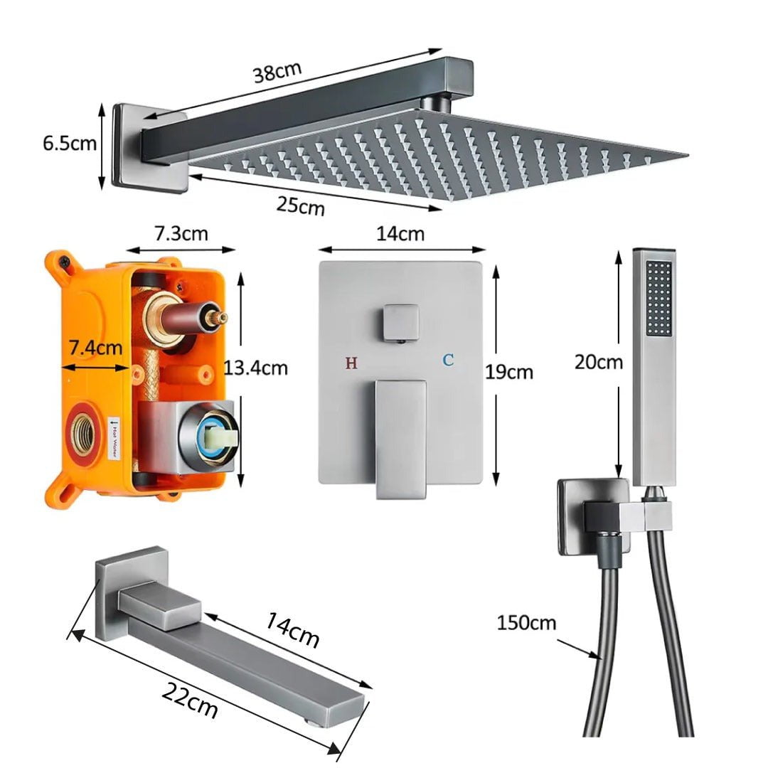 Set de duș cu pară pătrată 25 cm, gri antracit, 3 funcții de curgere a apei, cod 1244