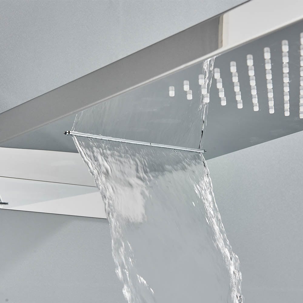 Set de duș cu pară tip cascadă, cu termostat, argintiu lucios, 3 funcții de curgere a apei, cod 1240