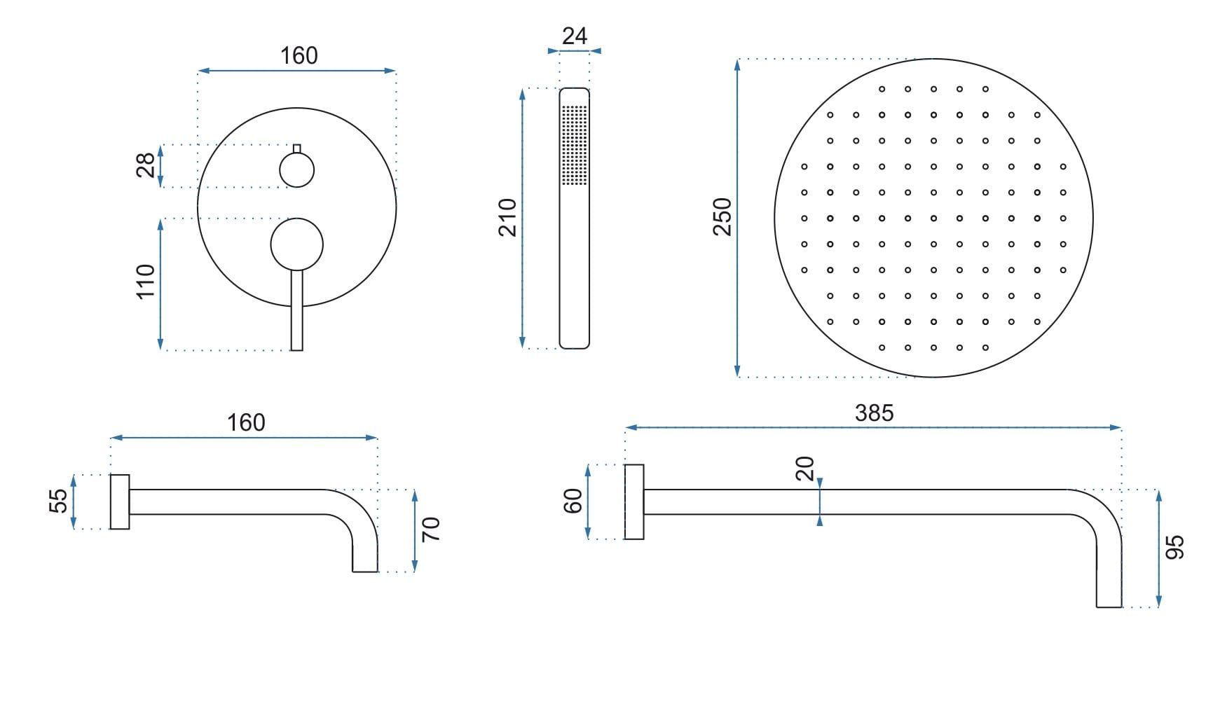 Set de duș încastrat Rea Lungo auriu lucios cu 3 funcții de curgere