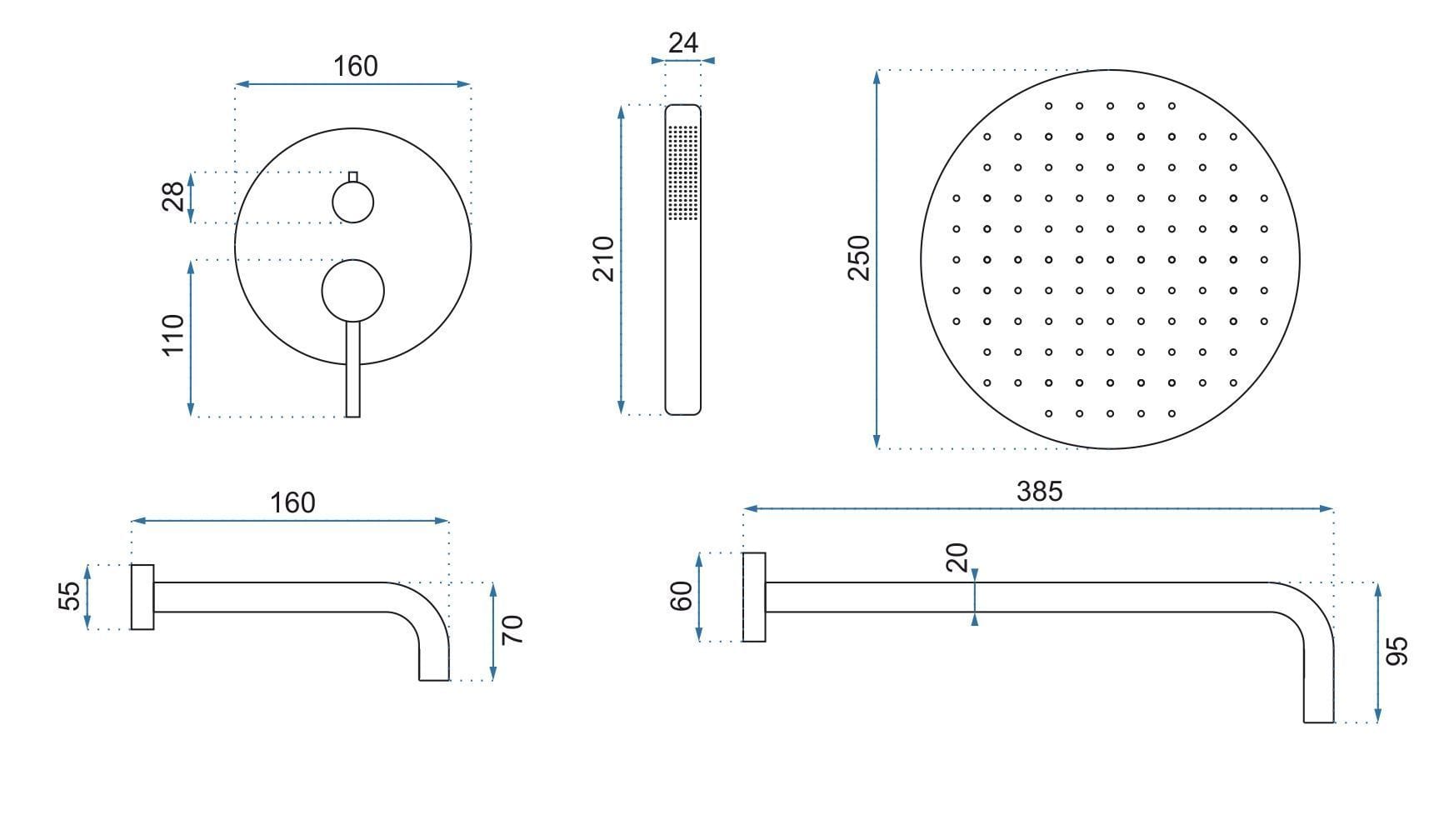 Set de duș încastrat Rea Lungo auriu mat cu 3 funcții de curgere