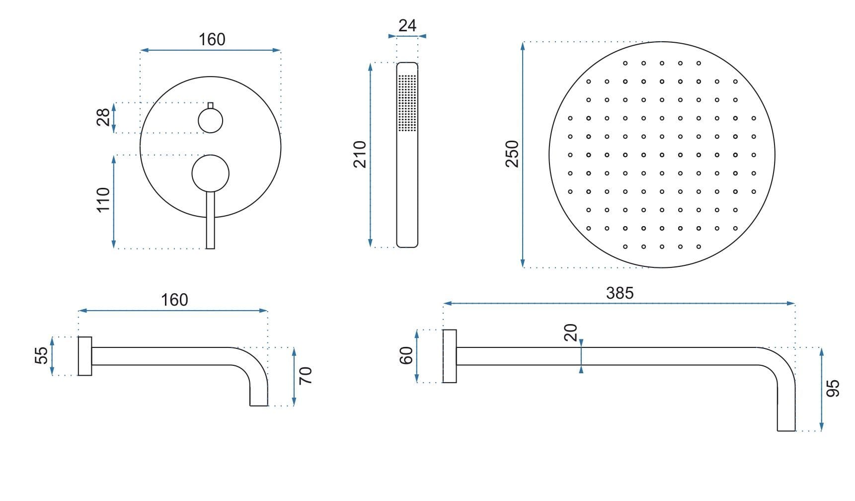 Set de duș încastrat Rea Lungo crom cu 3 funcții de curgere
