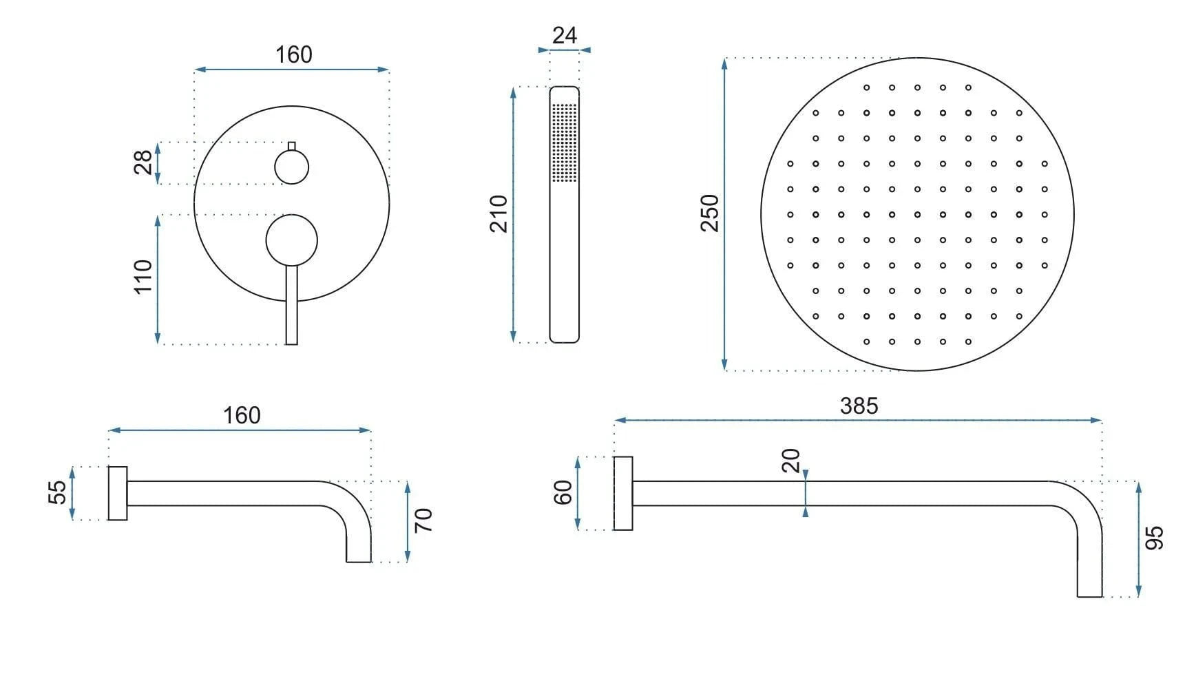 Set de duș încastrat Rea Lungo cu 3 funcții de curgere, cupru lucios