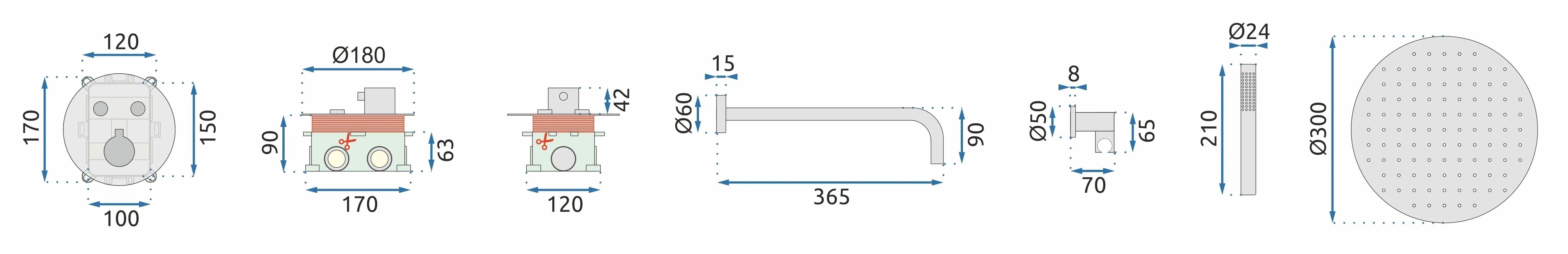 Set de duș încastrat Rea Lungo Miler auriu mat cu termostat si 2 funcții de curgere