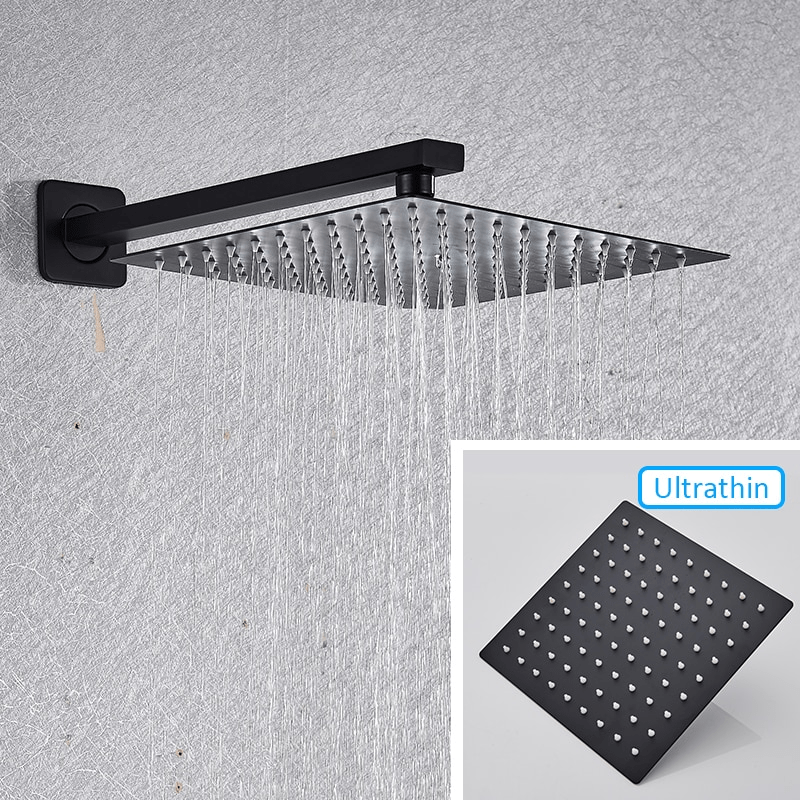 Set de dus cu para patrata de 40 cm, negru mat, cu 2 functii de curgere a apei, + SIFON, cod 1233