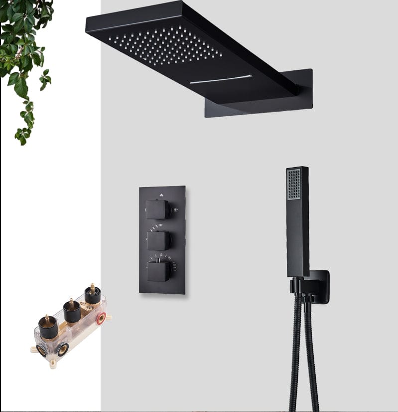 Set de dus cu para tip cascada cu termostat, negru mat, cu 3 functii de curgere a apei, + SIFON, cod 1545