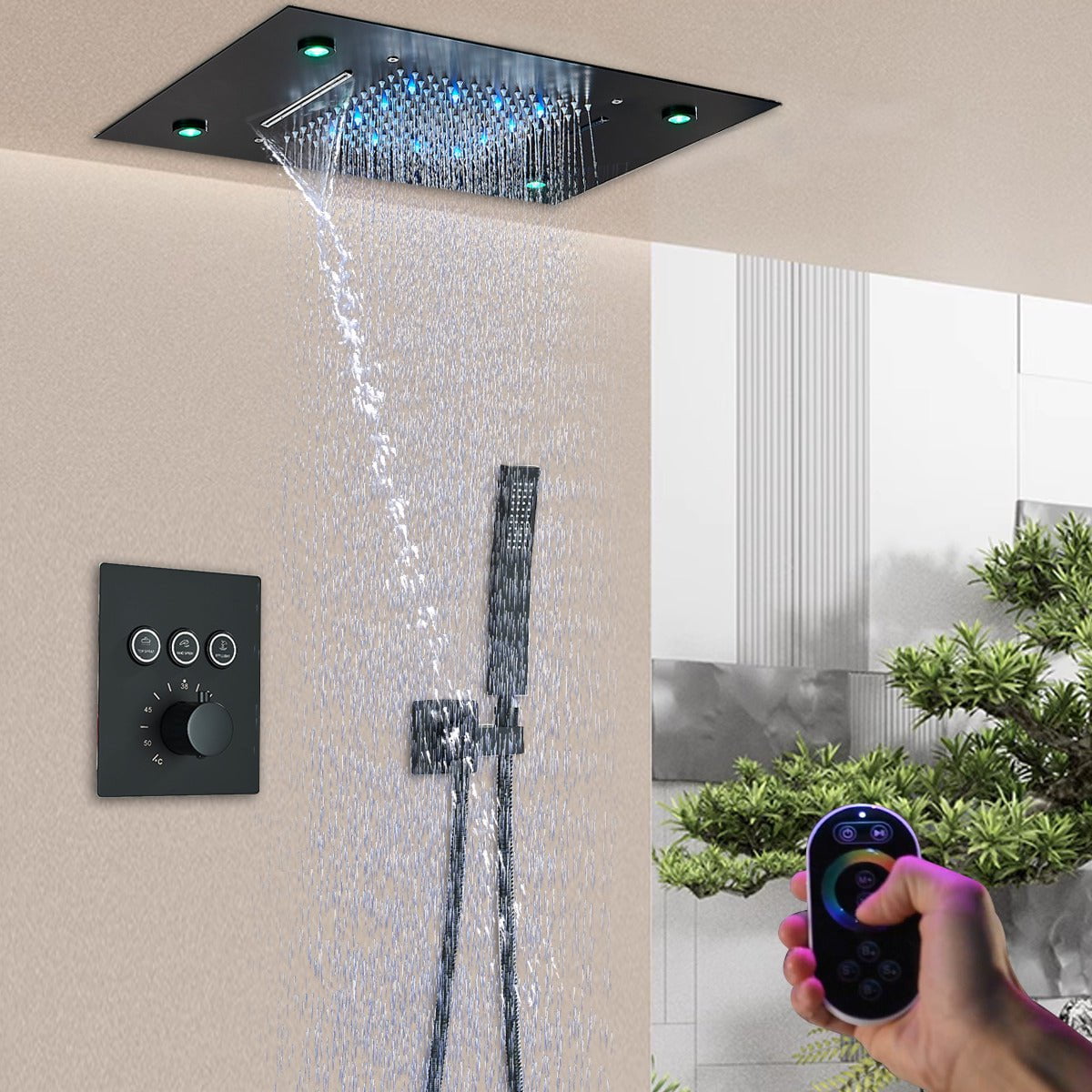 Set de dus incastrabil in tavan, cu para patrata, lumini si termostat, 3 functii de curgere a apei, cod 1691