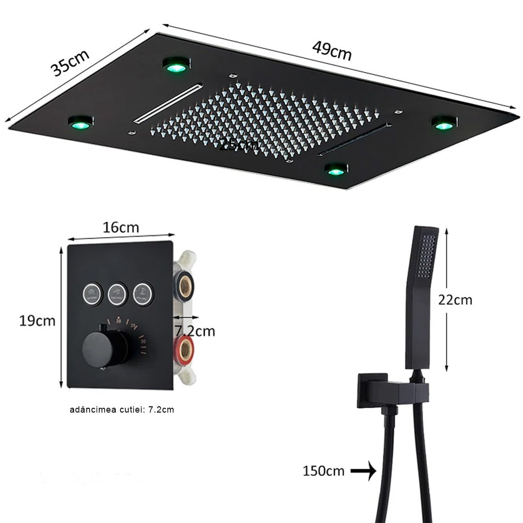 Set de dus incastrabil in tavan, cu para patrata, lumini si termostat, 3 functii de curgere a apei, cod 1691