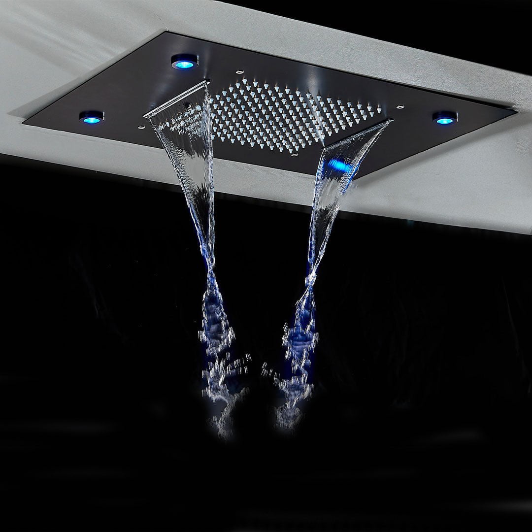 Set de dus incastrabil in tavan, cu para patrata, lumini si termostat, 3 functii de curgere a apei, cod 1691