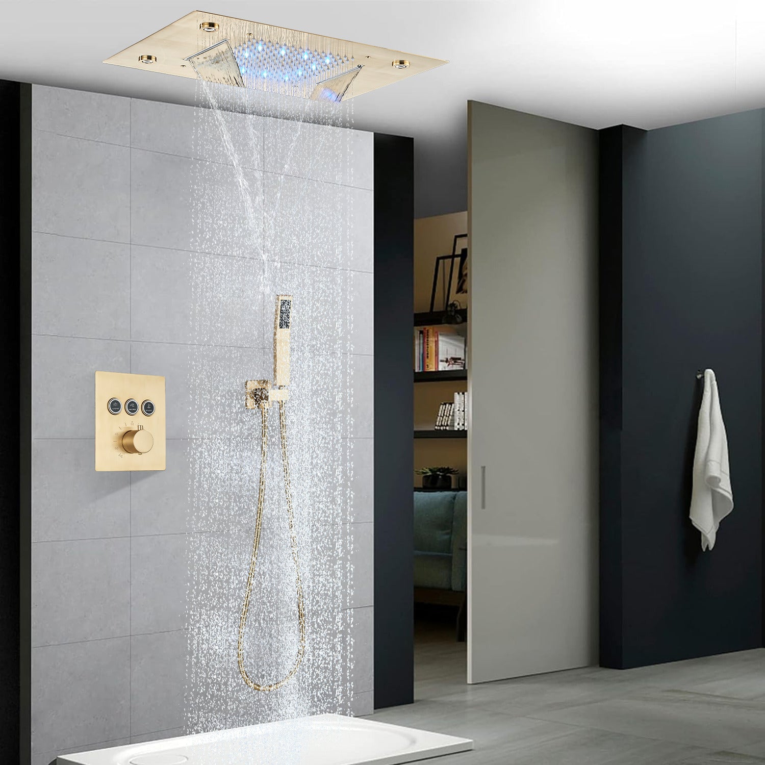 Set de dus incastrabil in tavan, cu para patrata si termostat, 3 functii de curgere a apei, cod 1690