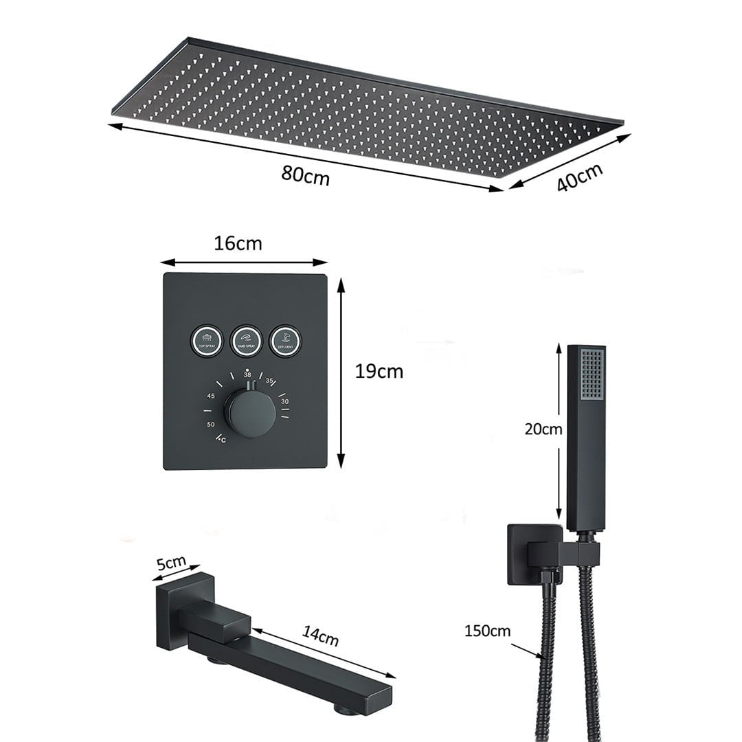 Set de dus incastrabil in tavan, cu para patrata, termostat, 3 functii de curgere a apei, cod 1692