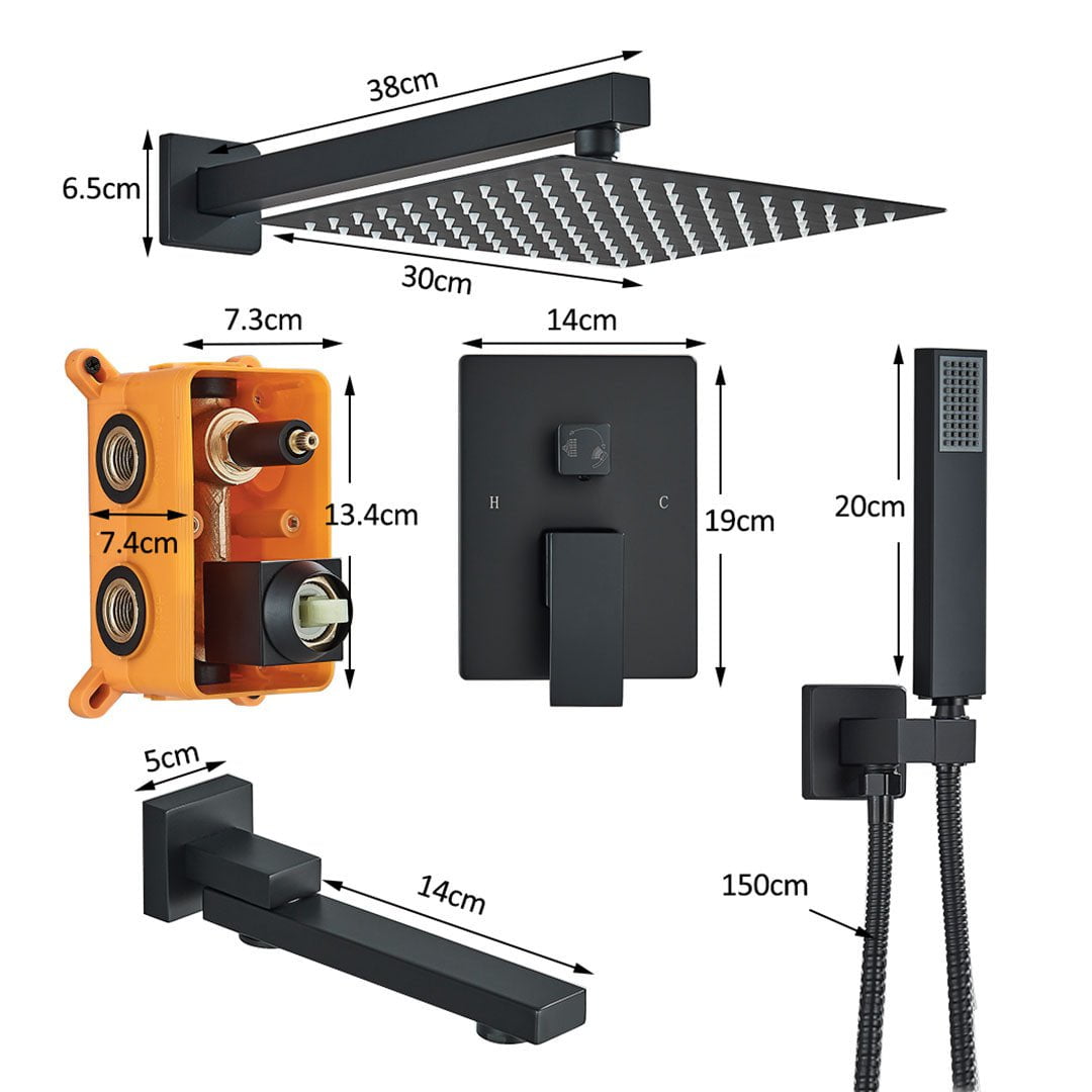 Set de dus incastrat, para de 30 cm, 3 functii, negru mat, cod 1687