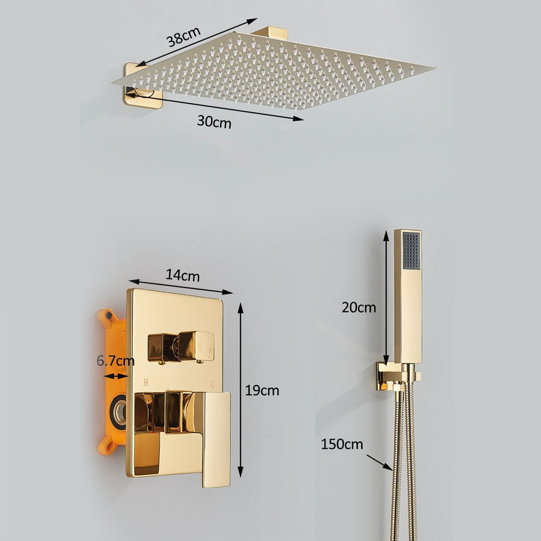 Set de dus incastrat tip ploaie, para 30 cm, cu 2 functii de curgere, auriu lucios, cod 1683