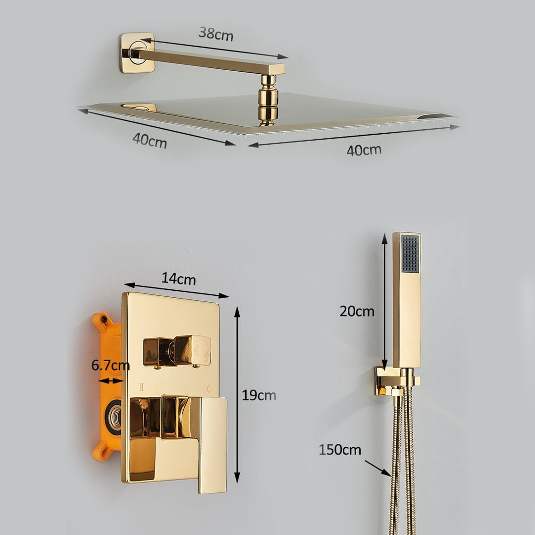Set de dus incastrat tip ploaie, para 40 cm, cu 2 functii de curgere, auriu lucios, cod 1684