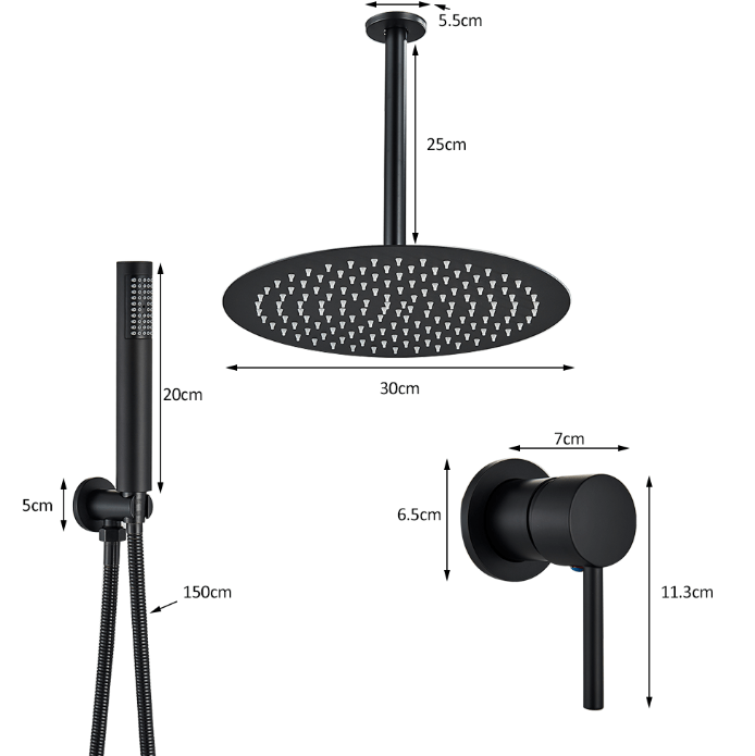 Set de dus negru cu montaj in tavan, para rotunda tip ploaie 30 cm, + SIFON, cod 1508