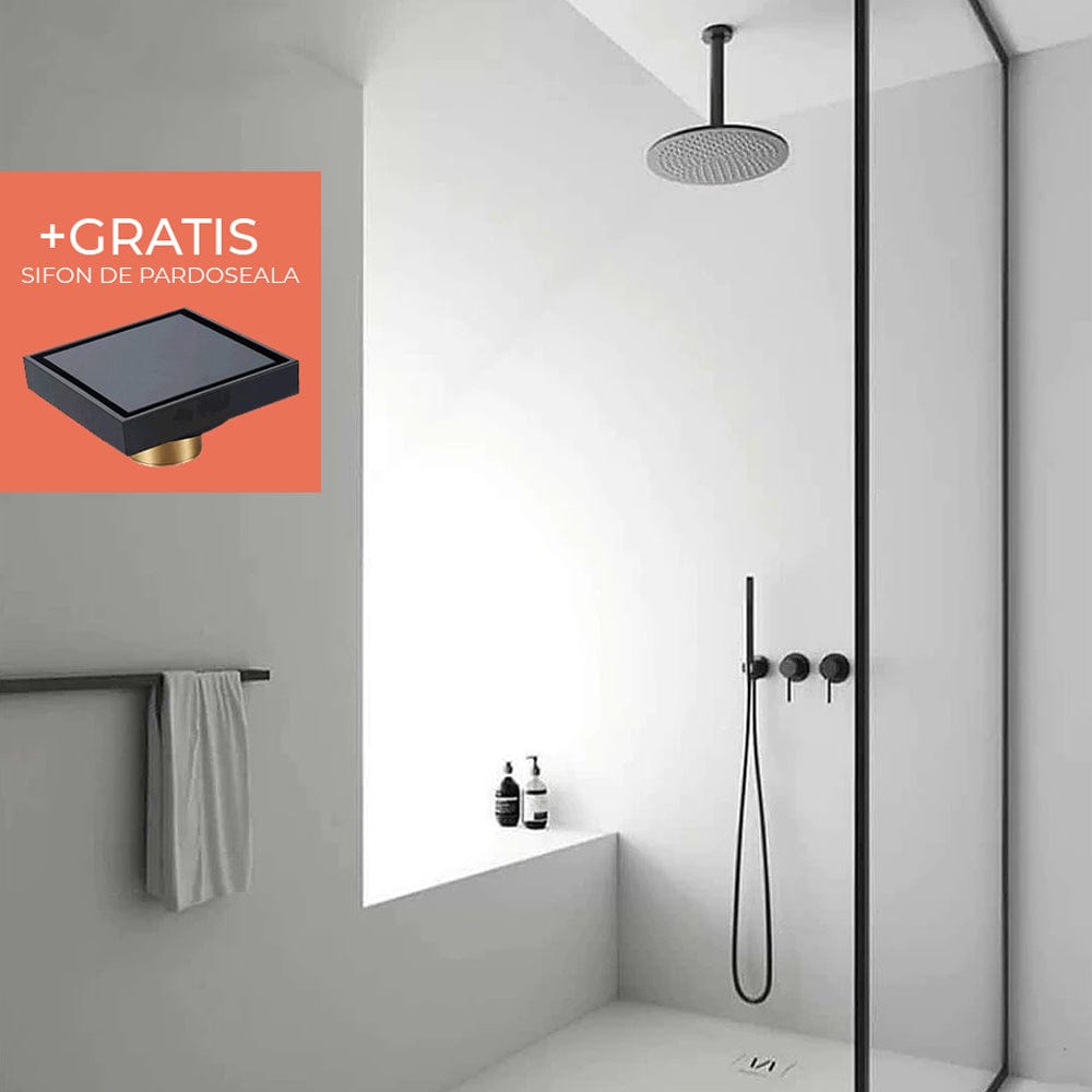 Set de dus negru cu montaj in tavan, para rotunda tip ploaie 30 cm, + SIFON, cod 1508