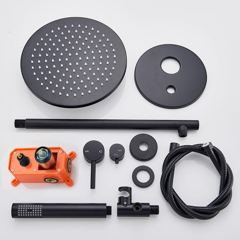 Set de dus negru cu para rotunda tip ploaie 30 cm, + SIFON, Green 1268