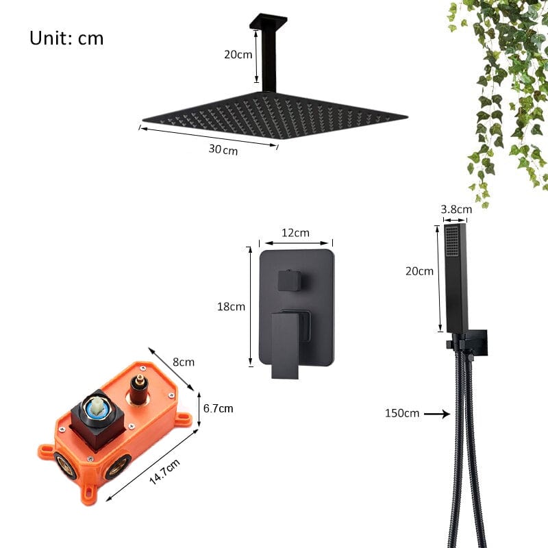 Set de dus negru incastrabil in tavan, cu para patrata 30 cm, 2 functii de curgere a apei, + SIFON, cod 1401