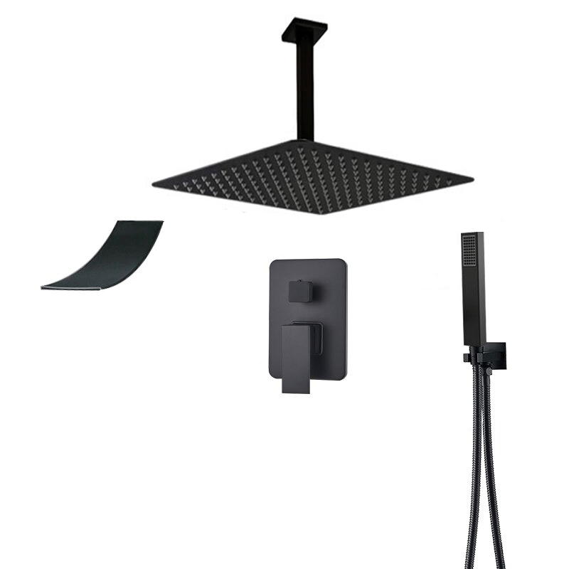 Set de dus negru incastrabil in tavan, cu para patrata 30 cm, 3 functii de curgere a apei, cod 1402
