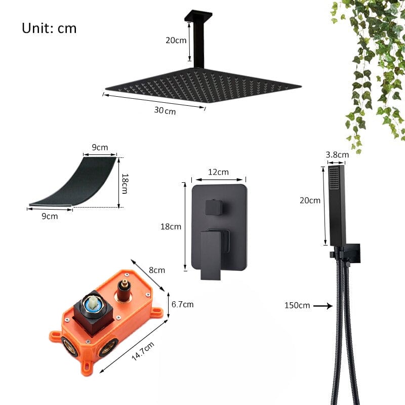 Set de dus negru incastrabil in tavan, cu para patrata 30 cm, 3 functii de curgere a apei, cod 1402