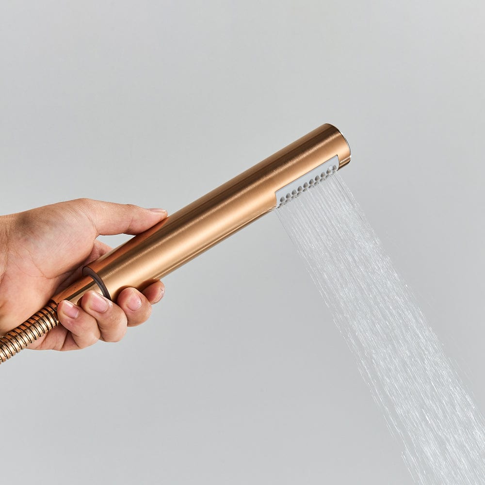 Set de dus Rose Gold cu montaj in tavan, 3 functii de curgere, para rotunda tip ploaie 25 cm, cod 1502