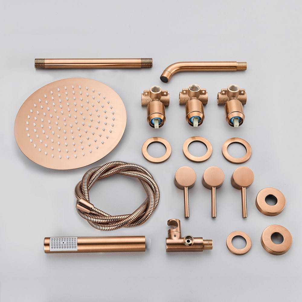 Set de dus Rose Gold cu montaj in tavan, 3 functii de curgere, para rotunda tip ploaie 25 cm, cod 1502