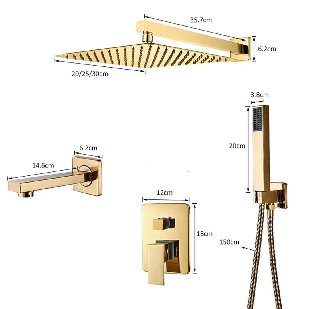 Set de dus tip ploaie, auriu lucios, pară 30 cm, 3 funcții de curgere, cod 1245
