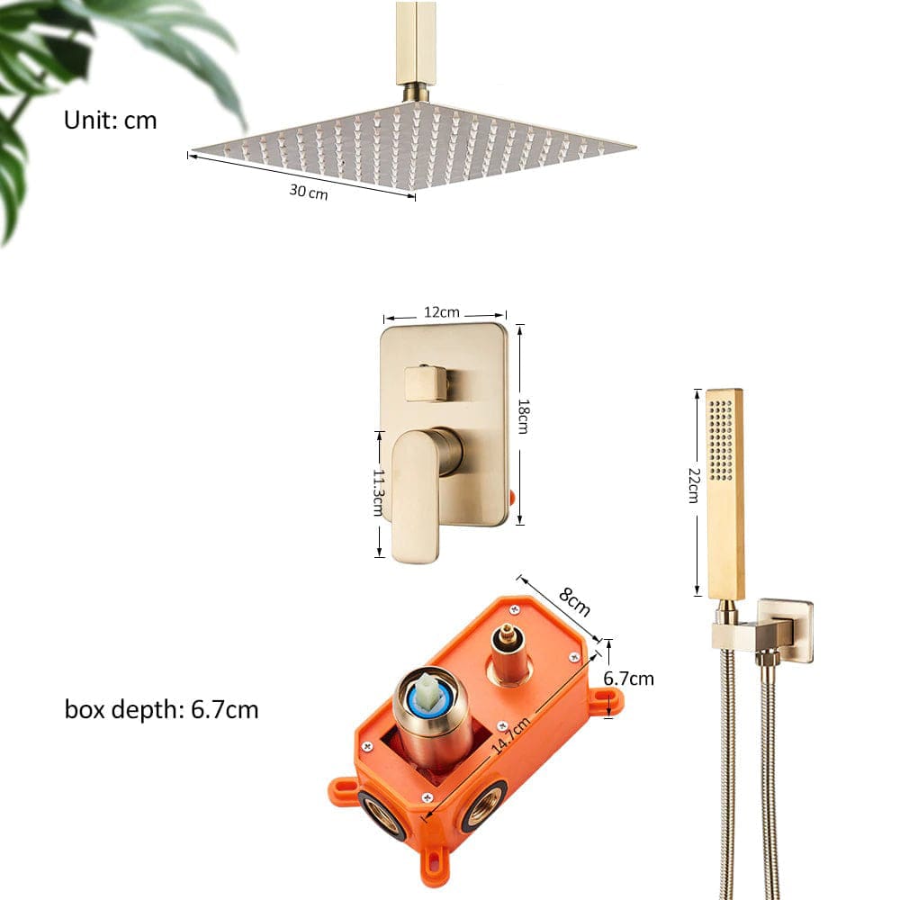 Set de dus tip ploaie, incastrabil in tavan, auriu nichelat (semi-lucios), cu 2 functii de curgere, cod 1549
