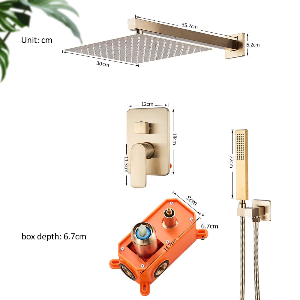 Set de dus tip ploaie River 1255, auriu nichelat (semi-lucios), para 30 cm, cu 2 functii de curgere, cod 1255