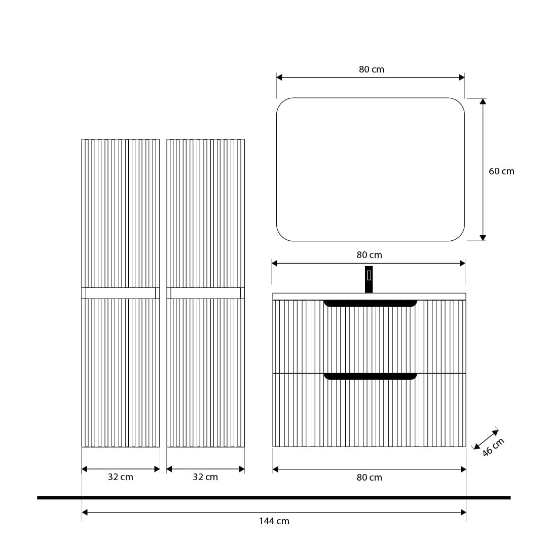 Set mobilier baie alb mat , coloana suspendata, lavoar incastrat alb și oglindă, 80 cm, SaviniDue Comfort